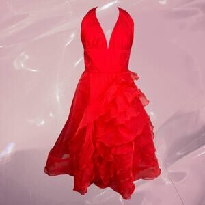 Vintage 60s Custom Red Halter Bombshell Romantic Ruffle Gown
